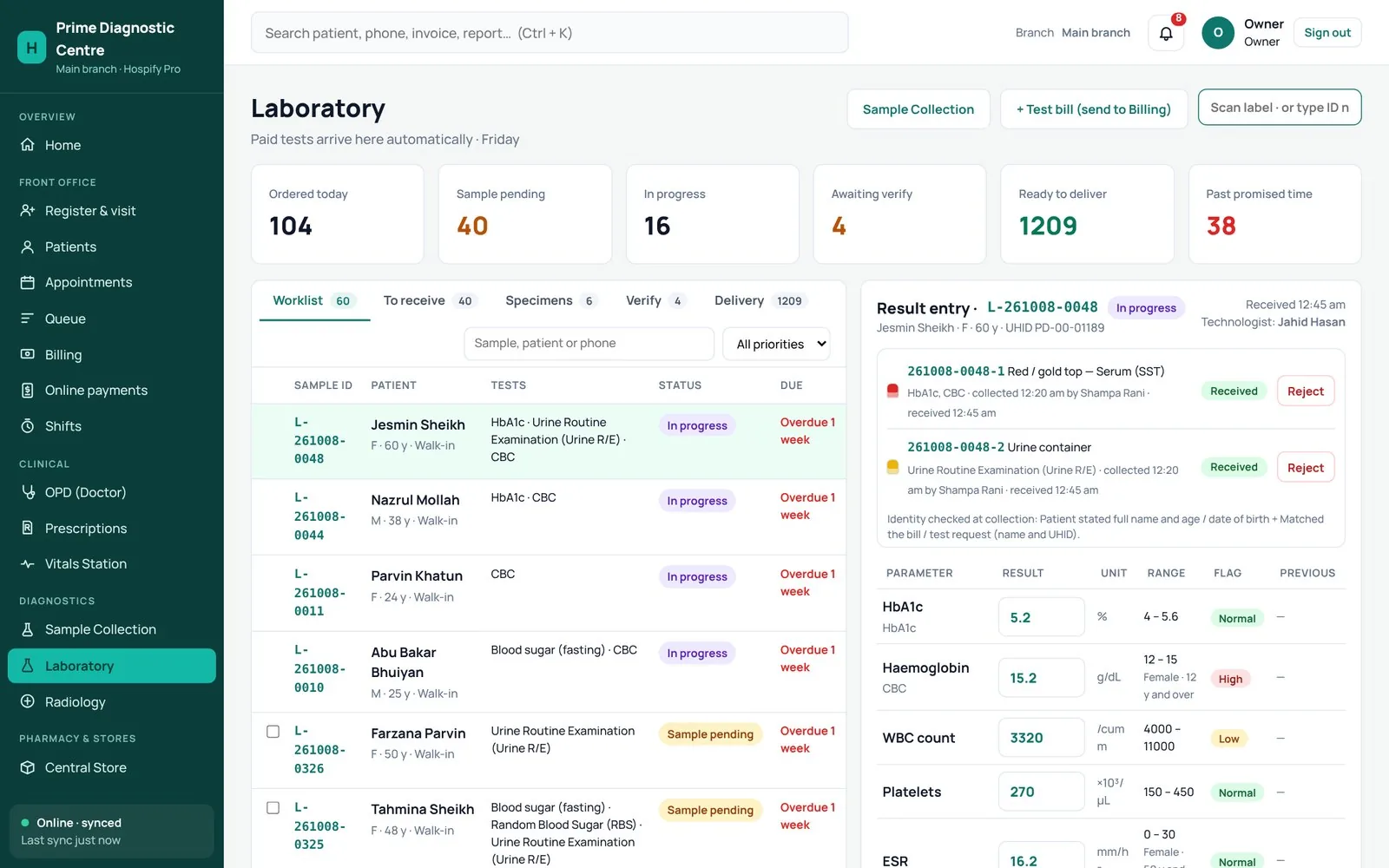 Result entry: values with units, normal ranges, High/Low flags and previous results