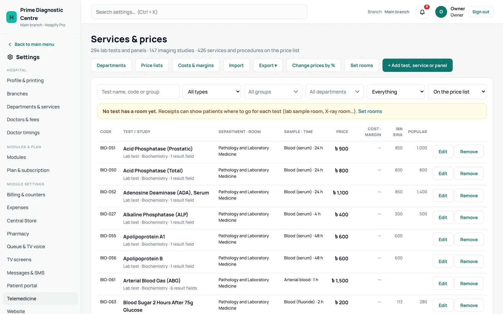 Services & prices: the preloaded test list with codes, sample types and prices