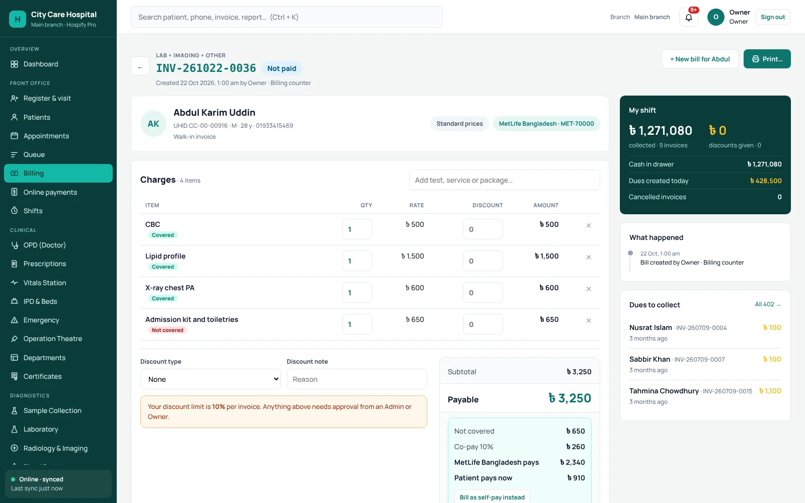 Hospify Pro bill showing the insurer share and the patient share.