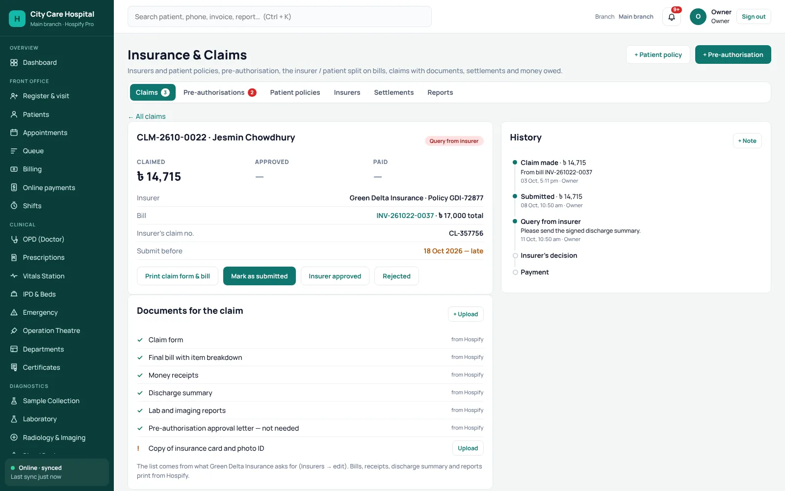 Hospify Pro insurance claim with document checklist and history.