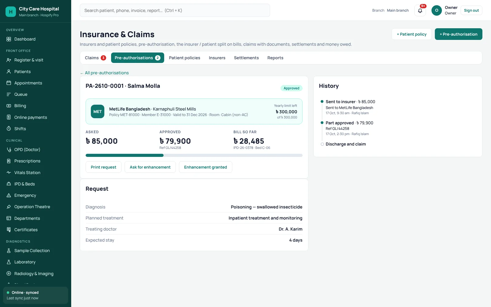 Hospify Pro pre-authorisation with approved amount and running bill.