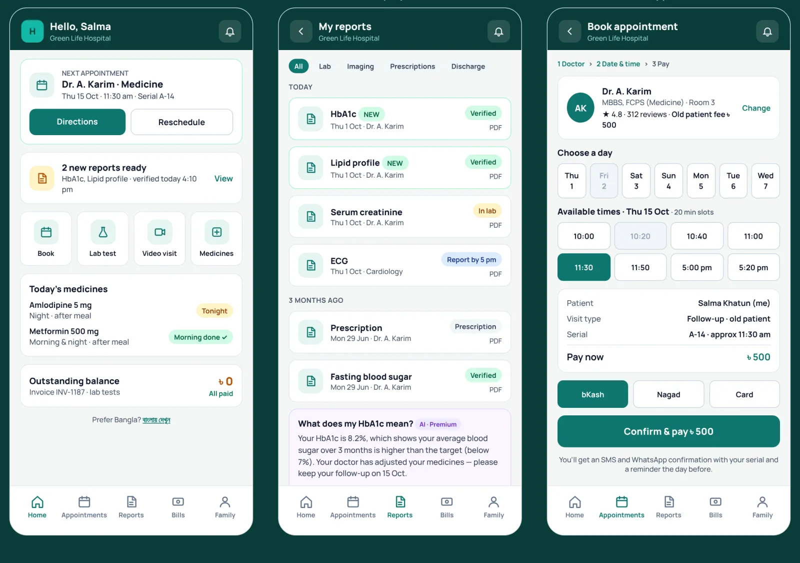 Hospify Pro patient app: home with next appointment, verified reports list and doctor booking with bKash payment.